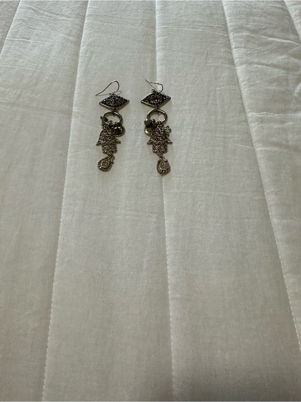 Gold-Tone Hamsa Drop Earrings with Purple Accents - Picture 3 of 4